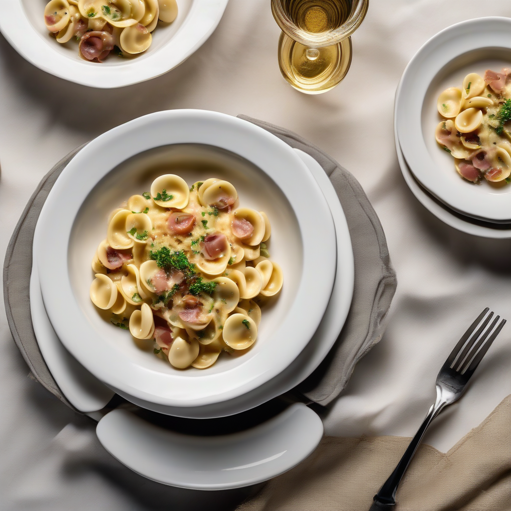 Orecchiette Carbonara - overhead view of finished dish beautifully plated